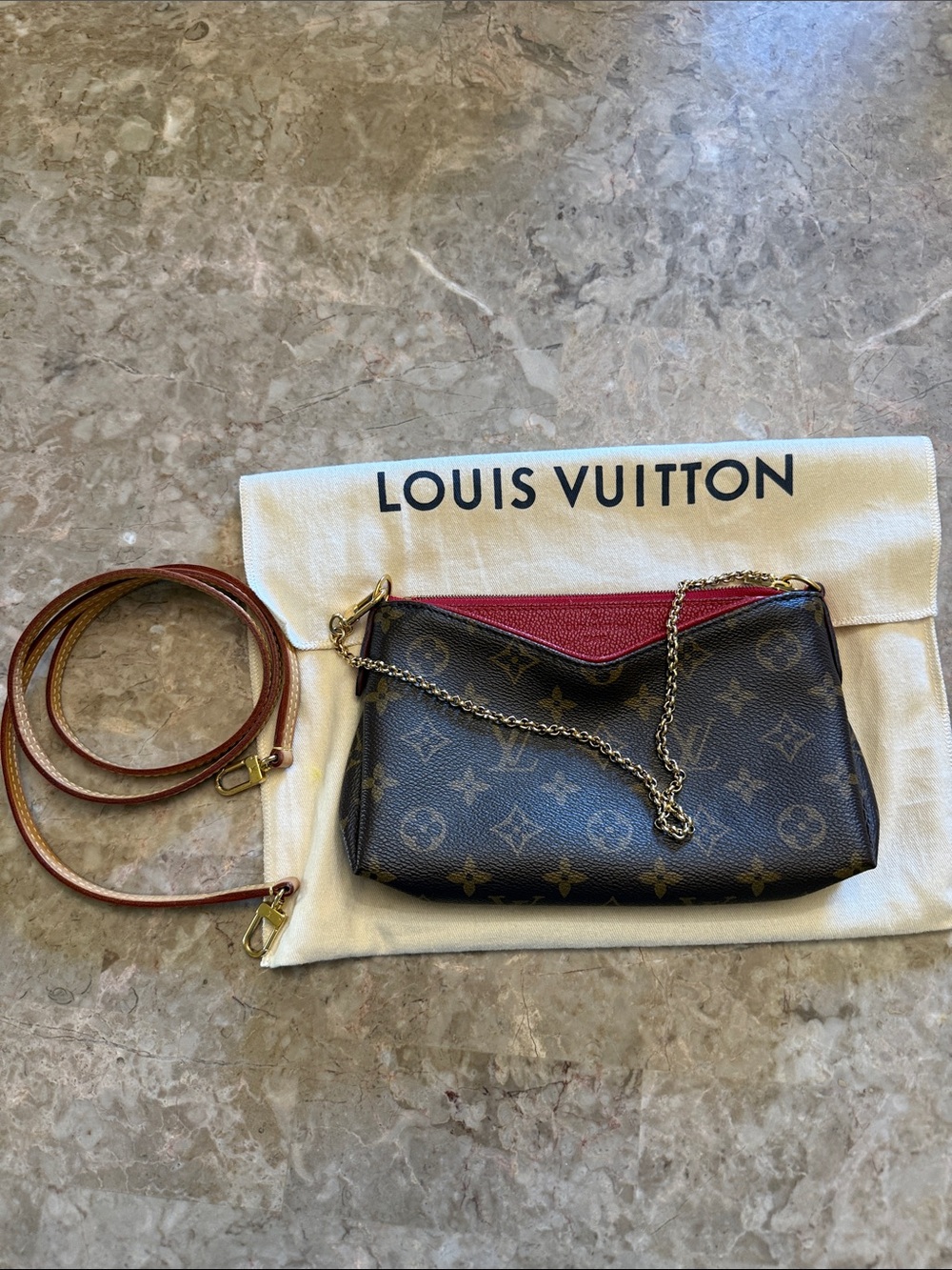 Louis Vuitton Brown Monogram Crossbody Bag with Red Trim and Gold Chain